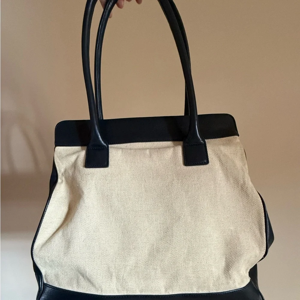 Tory Burch Navy Blue and Canvas Cream Women's Tote Bag